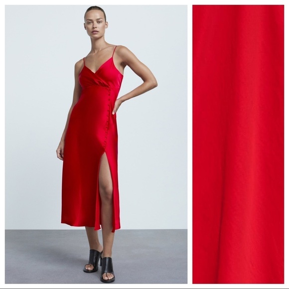 Zara Dresses & Skirts - NWT. Zara Red Satin Camisole Strappy Slit Midi Dress. Size XS